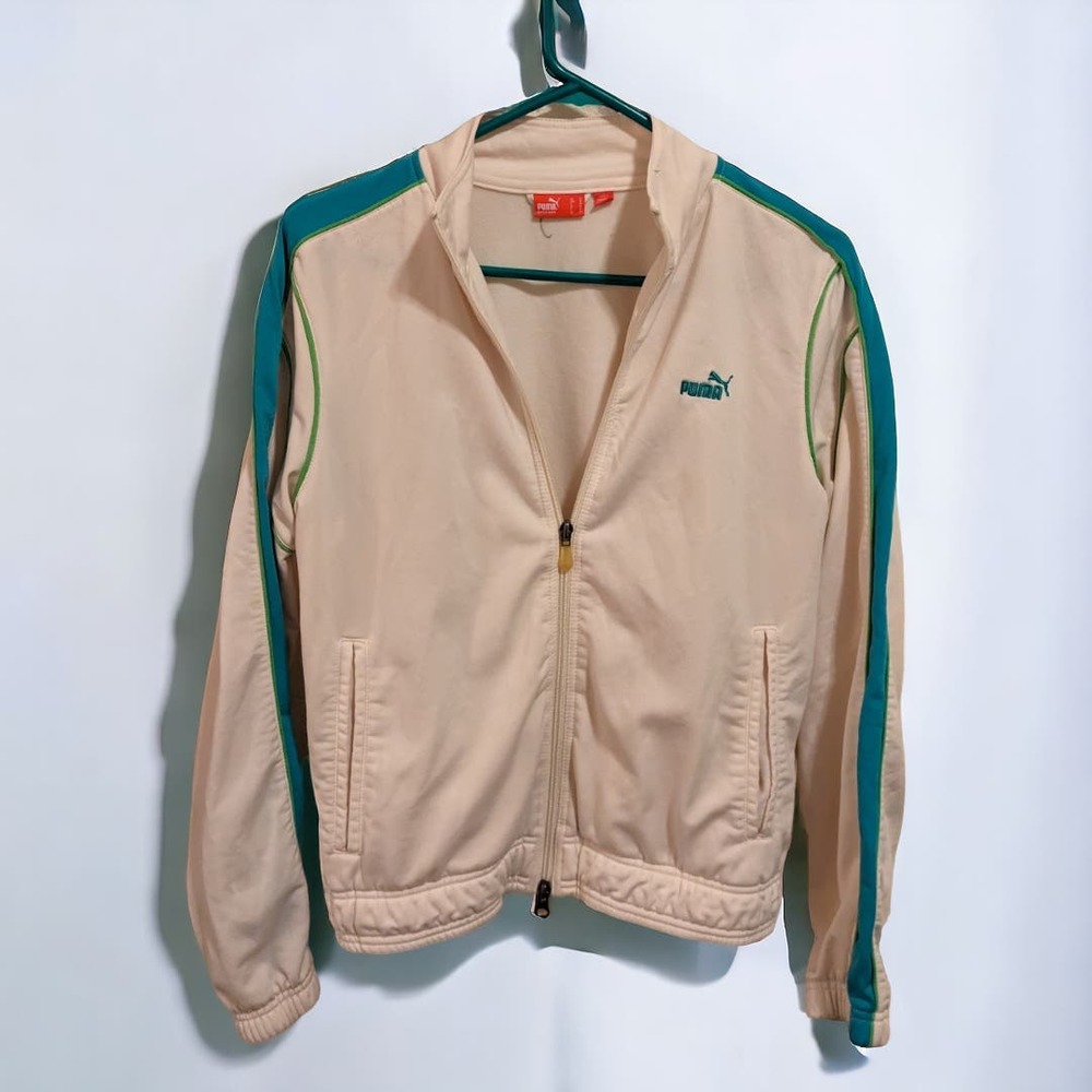 Vintage Zip Up Puma Track Jacket White with Teal/Green Striped Sleeves. Men's M